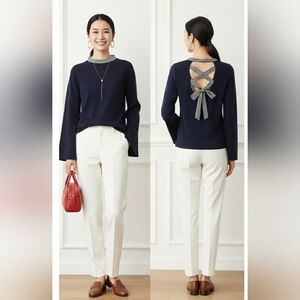 Joseph A. Navy Knit Top L Blue Striped Bow Back Bell Sleeve Nautical Mock Neck